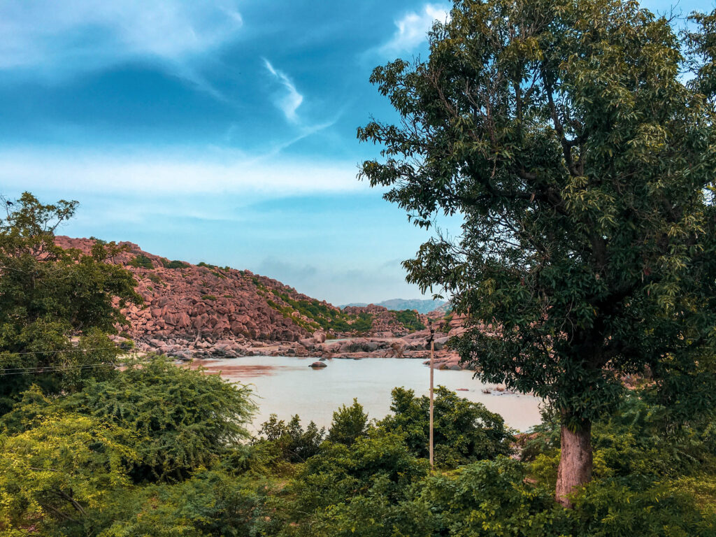 tungabhdara river flowing on banks of Hampi