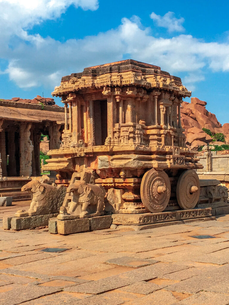 Portrait view of the Stone chariot at Vithalla Temple in Hampi