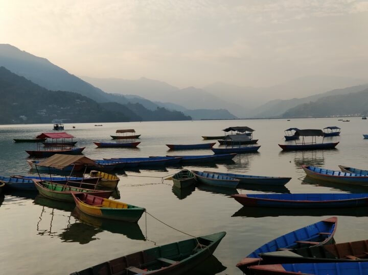 A view of parked boats in the Fewa lake near Pokhra in Nepal