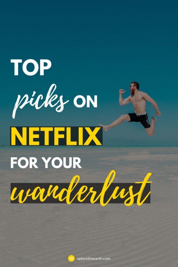 travel films on netflix verticla pin image with background image of a person jumping