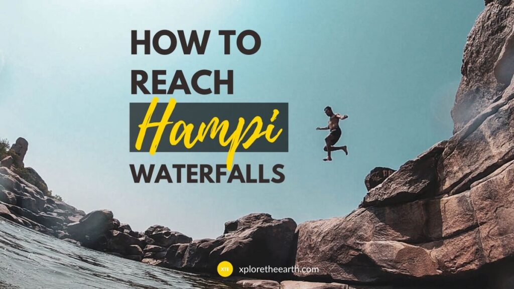 a person jumping off a cliff into a pool of water at hampi waterfalls