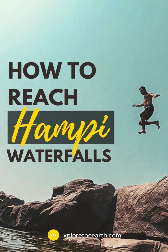 a person jumping off a cliff into a pool of water at hampi waterfalls