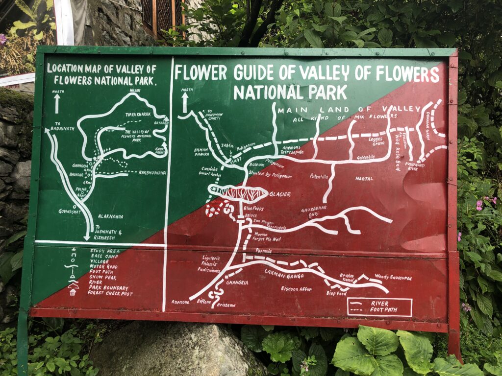 A map signage board showing the expanse of Valley of Flowers