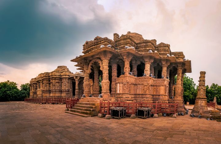 external view of the assembly hall and the shrine of the sun temple at modhera during evening