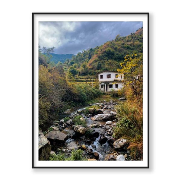 House by a Brook in Chakrata, Uttarakhand XTE Print in a frame