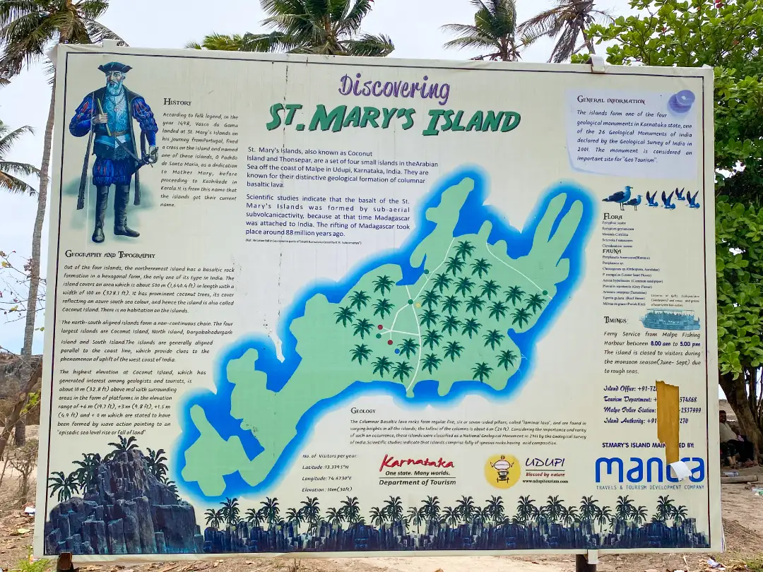 a board at st mary's island udupi giving the island's history, map and folklore