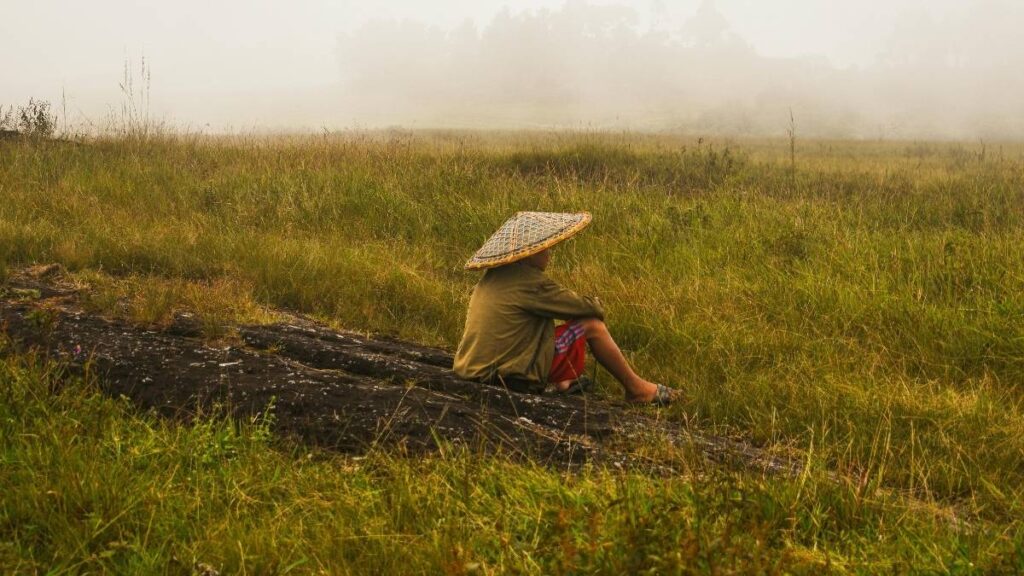Solitary Farmer in a Misty Field during Monsoon in Meghalaya