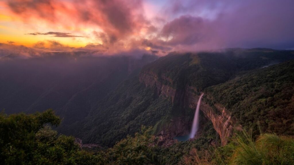 Sunset at a beautiful waterfall in Meghalaya