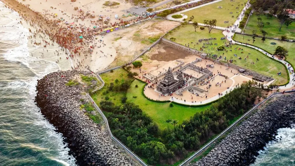 mahabalipuram tamil nadu shore temple drone shot