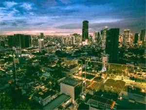 skyline of phnom penh cambodia at sunset