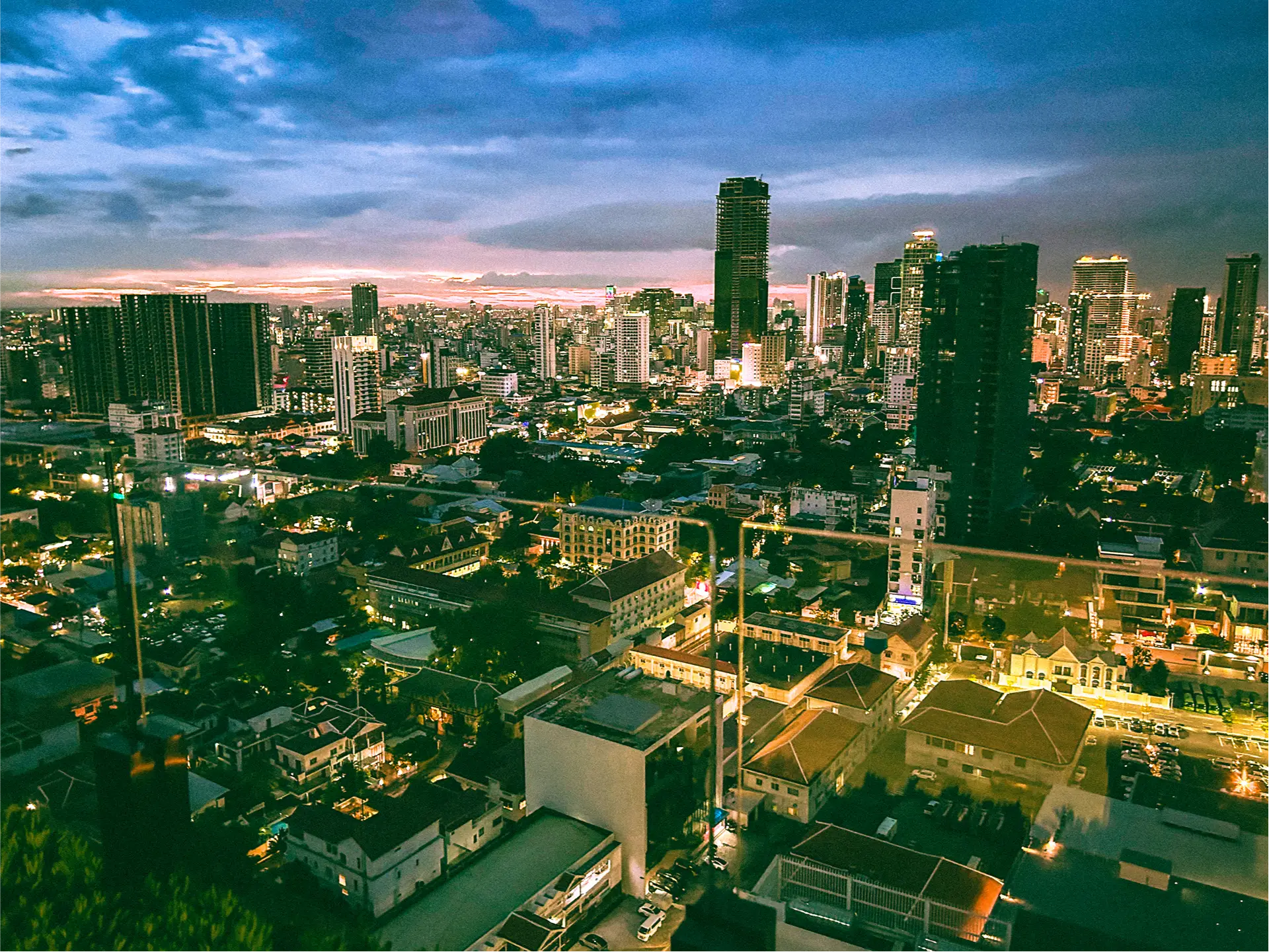 skyline of phnom penh cambodia at sunset